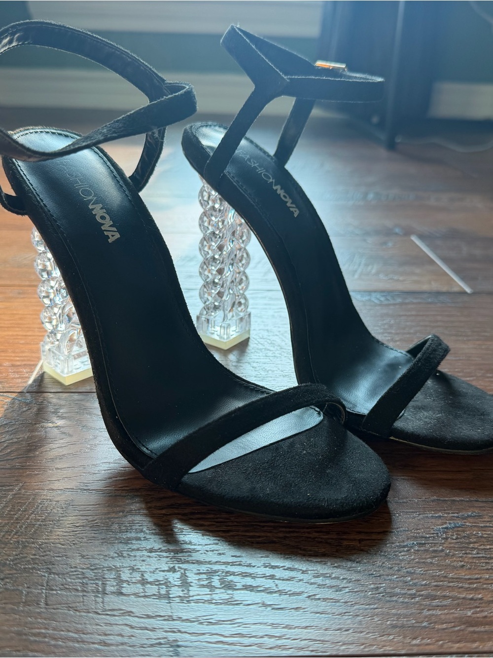 Fashion Nova Black Crystal-Block Heel Sandals